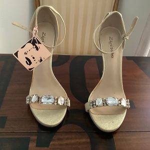 Gold Open Toe Stilettos with Rhinestones